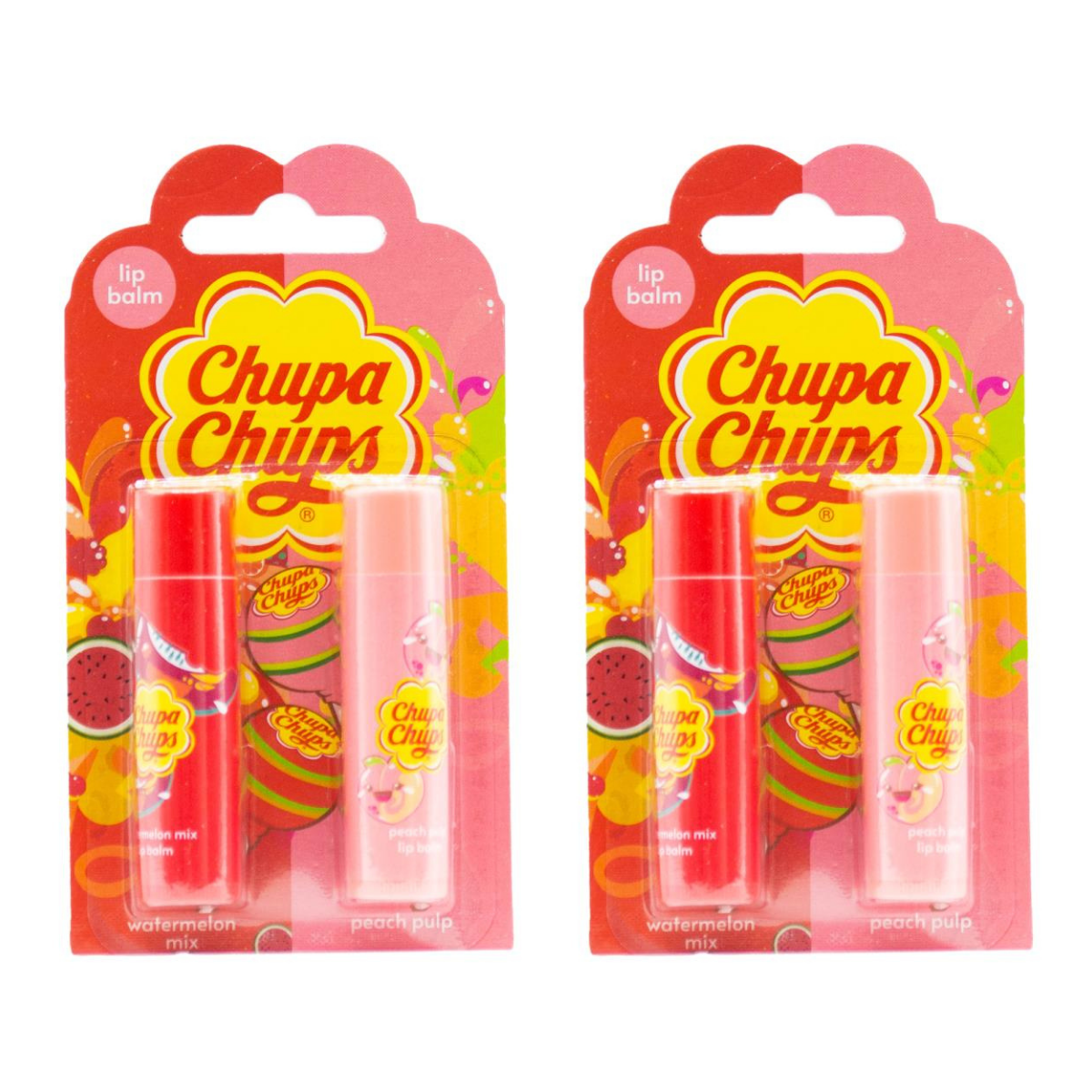 Chupa Chups Lip Balm Twin Pack - Watermelon Mix / Peach Pulp 24pk